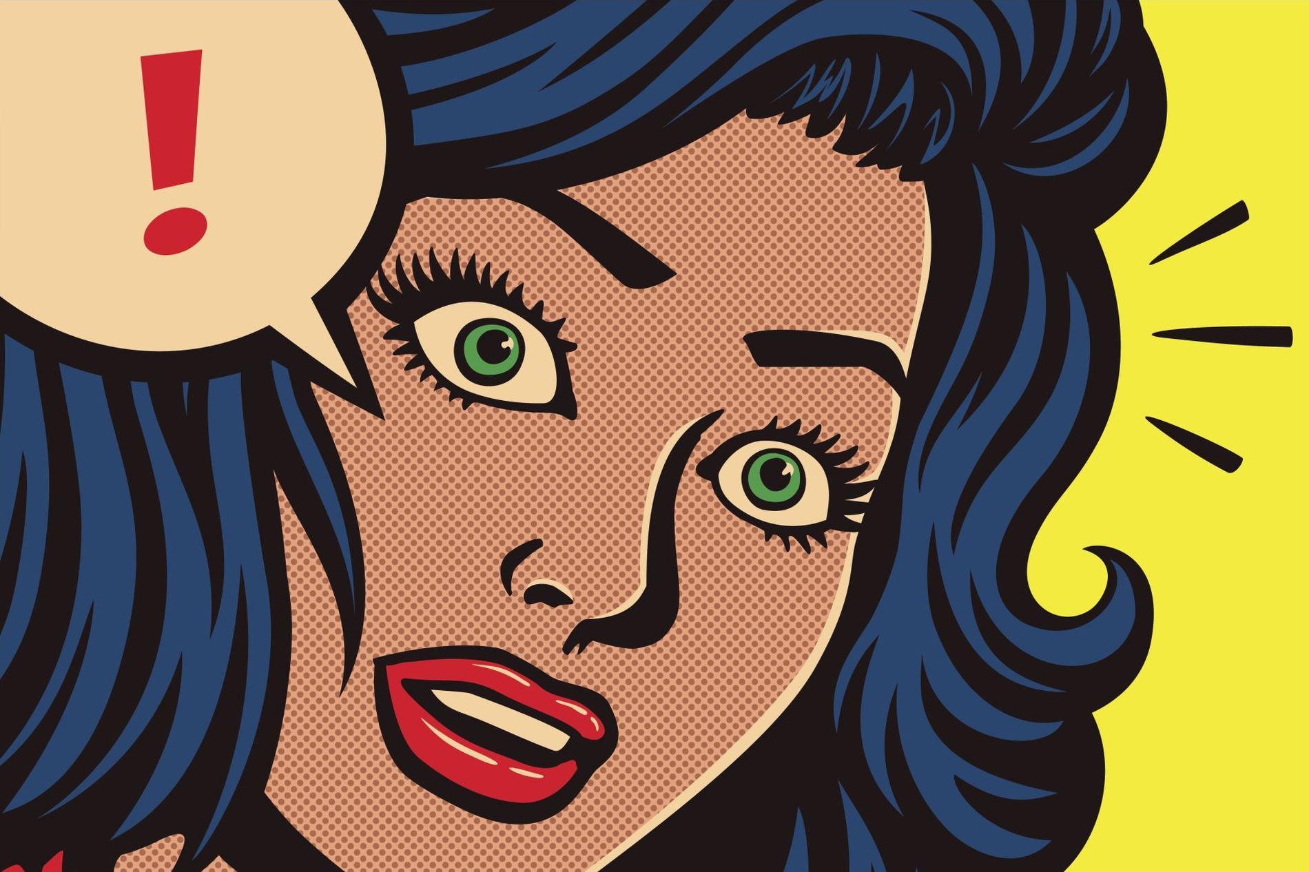 Popart image of a shocked woman and a speech bubble depicting an exclamation mark.