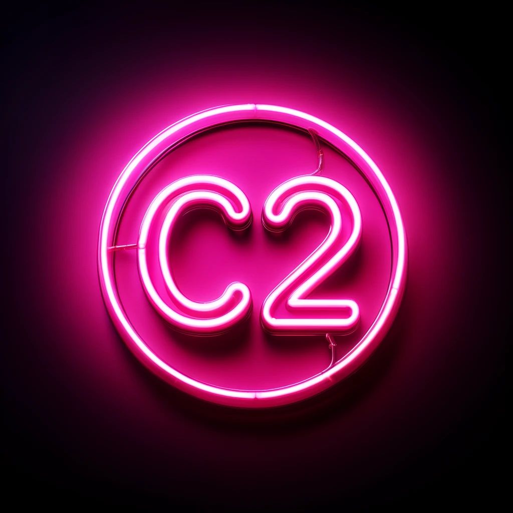 A pink neon sign depicting C2