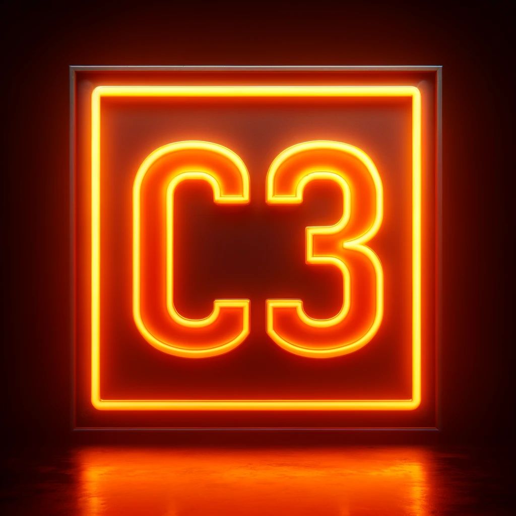 An orange neon sign depicting C3